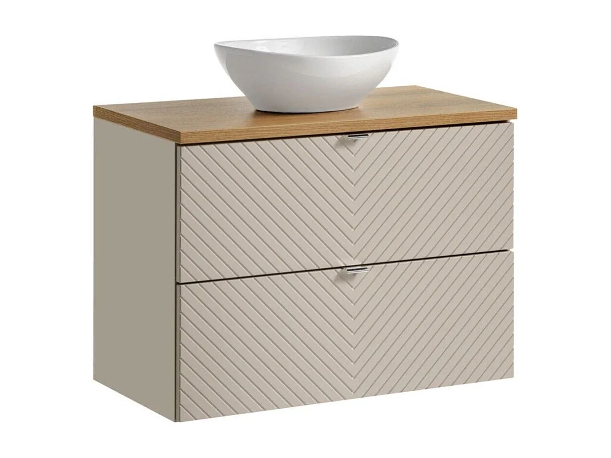 Ensemble AOKI : onderkast met lades 80cm + eikenhouten blad + ronde witte opbouwwastafel