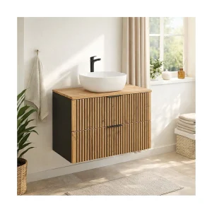Ensemble KINOKO : meubel met wastafelonderkast met laden 100cm + eikenhouten blad + vierkante witte opzetwastafel Ensemble KINOKO : meubel met wastafelonderkast met laden 100cm + eikenhouten blad + vierkante witte opzetwastafel