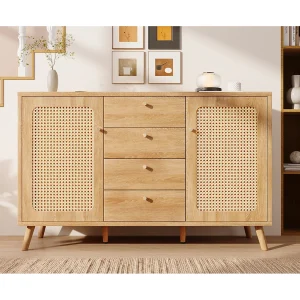 Dressoir met rotanlook, 4 lades en 2 deuren, 140x40x86 cm – Licht naturel