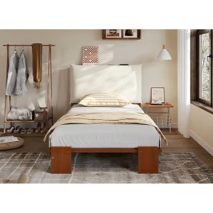 Eenpersoonsbed 90×200 cm van hout – Hoofdbord met klittenbandsluiting – Donkere houtkleur Eenpersoonsbed 90×200 cm van hout – Hoofdbord met klittenbandsluiting – Donkere houtkleur