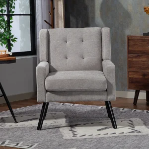 Fauteuil in lichtgrijze linnen stof met houten poten. Fauteuil in lichtgrijze linnen stof met houten poten.