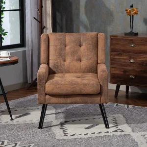 Fauteuil bekleed met koffiekleurige suède stof – Zwarte houten poten Fauteuil bekleed met koffiekleurige suède stof – Zwarte houten poten