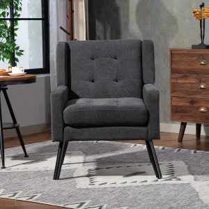 Fauteuil in donkergrijze linnen stof met houten poten. Fauteuil in donkergrijze linnen stof met houten poten.