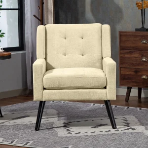 Fauteuil in beige linnen stof met houten poten. Fauteuil in beige linnen stof met houten poten.