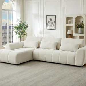 Linkse hoekbank met verstelbare rugleuning in beige gestructureerde stof FABARTO Linkse hoekbank met verstelbare rugleuning in beige gestructureerde stof FABARTO