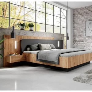 Bed met nachtkastjes 140 x 190 cm LED's naturel en antraciet + lattenbodem + matras – FRANCOLI Bed met nachtkastjes 140 x 190 cm LED's naturel en antraciet + lattenbodem + matras – FRANCOLI