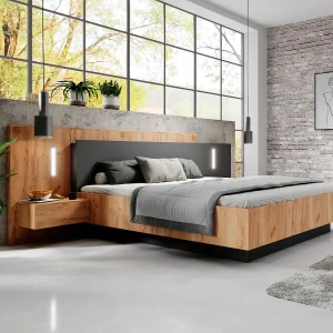 Bed met opbergruimte met nachtkastjes 140 x 190 cm LED's naturel en antraciet + Matras – FRANCOLI Bed met opbergruimte met nachtkastjes 140 x 190 cm LED's naturel en antraciet + Matras – FRANCOLI