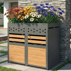 Dubbel Afvalcontainerhok met Begroeibaar Dak – Voor 2 Containers van 120-240L – Van Gegalvaniseerd Staal – Modern Design met Slot en Kettingen – 132x80x125 cm