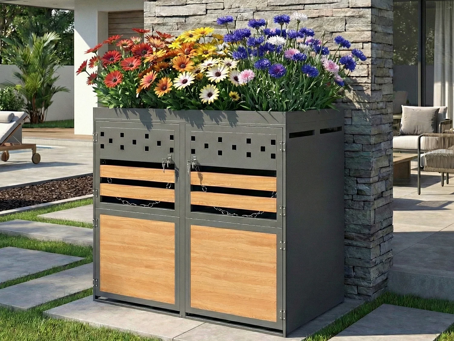 Dubbel Afvalcontainerhok met Begroeibaar Dak - Voor 2 Containers van 120-240L - Van Gegalvaniseerd Staal - Modern Design met Slot en Kettingen - 132x80x125 cm