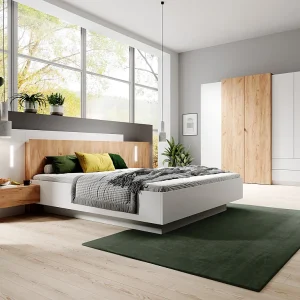 Bed met nachtkastjes queensize 160 x 200 cm LED's wit en naturel + bedbodem + matras – FRANCOLI Bed met nachtkastjes queensize 160 x 200 cm LED's wit en naturel + bedbodem + matras – FRANCOLI