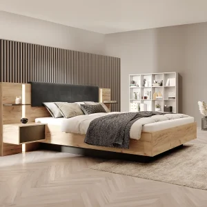 Bed met nachtkastjes 140 x 190 cm LED's in naturel en antraciet + lattenbodem + matras – ELYNIA Bed met nachtkastjes 140 x 190 cm LED's in naturel en antraciet + lattenbodem + matras – ELYNIA