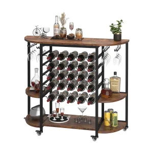Dripex wijnrek, wijnkast voor 25 flessen, wijnstandaard met glashouder en tafelblad, wijnrek op wielen, wijnopslag, houten barkast, 119 x 40 x 101 cm