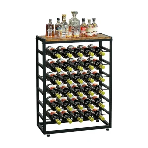 Dripex wijnrek voor 30 flessen, 6-laags flessenrek, vintage metalen wijnstandaard, flessenhouder met tafelblad 59 x 30 x 88 cm, vintage bruin-zwart