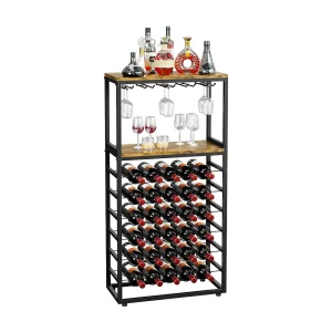 Dripex wijnrek voor 30 flessen, vrijstaand flessenrek met glashouder en tafelblad, metalen displayplanken in vintage stijl, 59 x 30 x 141 cm, vintage bruin-zwart