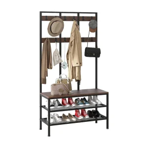 Dripex Grote kapstok van met zitje, kledingrek met 12 afneembare kapstokhaken en schoenenrek, metalen en houten halplank, 100x40x184cm, vintage bruin