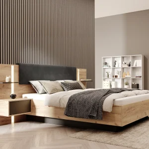 Queensize bed 160 x 200 cm met nachtkastjes LED's in naturel en antraciet + bedbodem + matras – ELYNIA