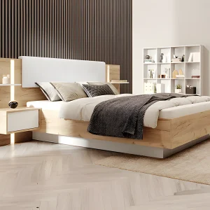Queensize bed 160 x 200 cm met nachtkastjes LED's in naturel en wit + lattenbodem + matras – ELYNIA