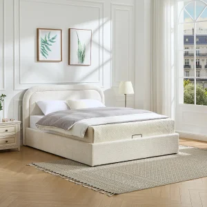 Opbergbed queen size 160 x 200 cm boucléstof beige + matras – FIDOZIA Opbergbed queen size 160 x 200 cm boucléstof beige + matras – FIDOZIA