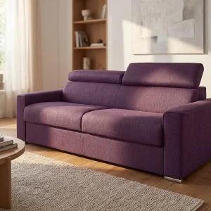 Snel omgebouwde slaapbank met 4 plaatsen in paarse stof met matras – VIZIR Snel omgebouwde slaapbank met 4 plaatsen in paarse stof met matras – VIZIR