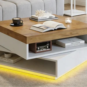 Draaibare vierkante salontafel 65x65x40 cm – 360° draaibaar blad – LED-verlichting en opbergruimte – MDF – Wit + Natuur Draaibare vierkante salontafel 65x65x40 cm – 360° draaibaar blad – LED-verlichting en opbergruimte – MDF – Wit + Natuur