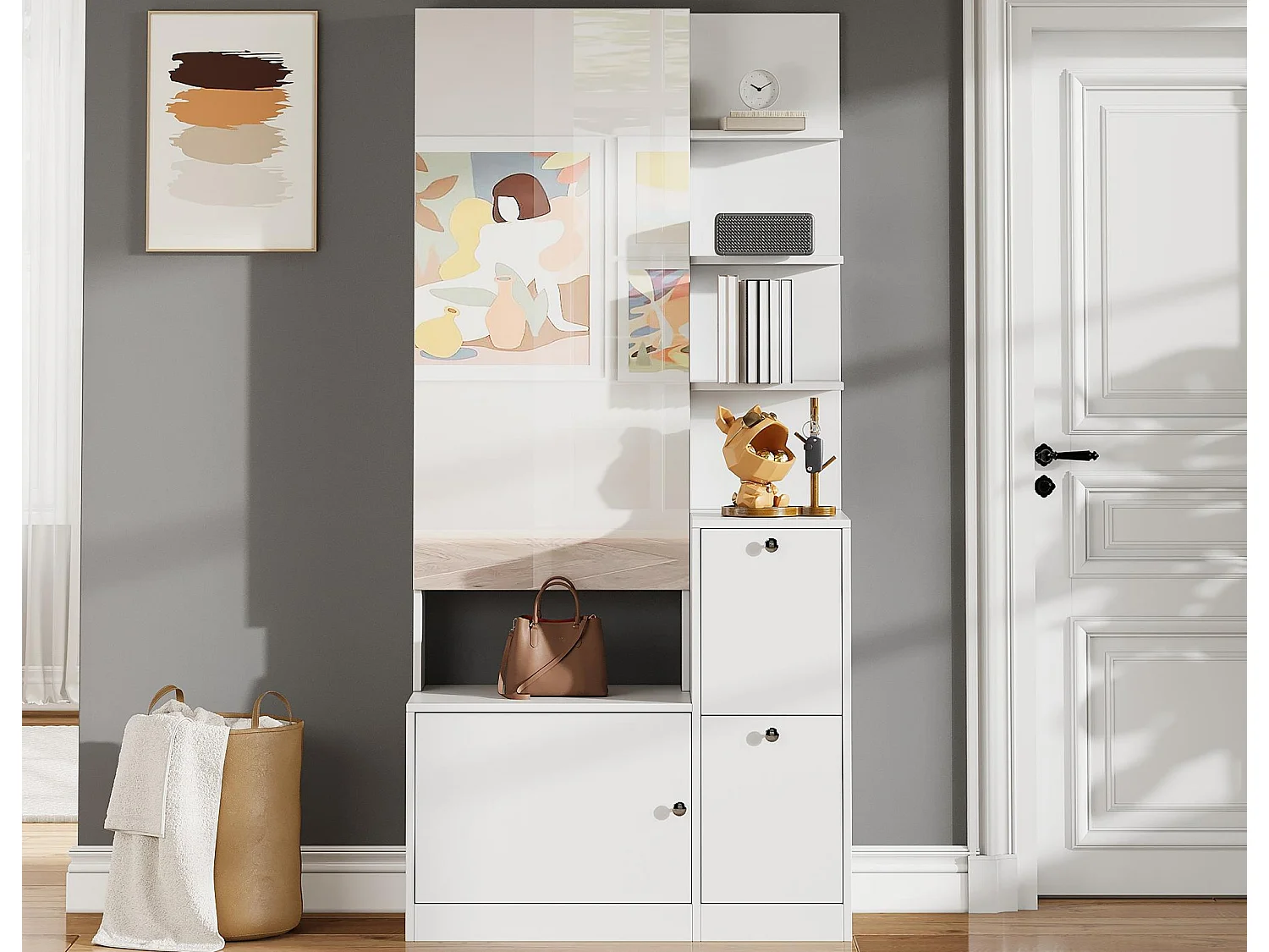 Entree garderobeset 85x40x180 cm - met spiegel en 2 schoenenrekken - 2 deuren - open planken - wit