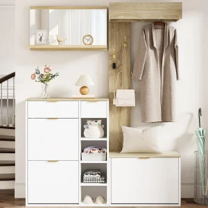 Entree garderobeset 130x30x174cm – met schoenenkast en bank – met wandspiegel en kapstok – Natuur + Wit Entree garderobeset 130x30x174cm – met schoenenkast en bank – met wandspiegel en kapstok – Natuur + Wit
