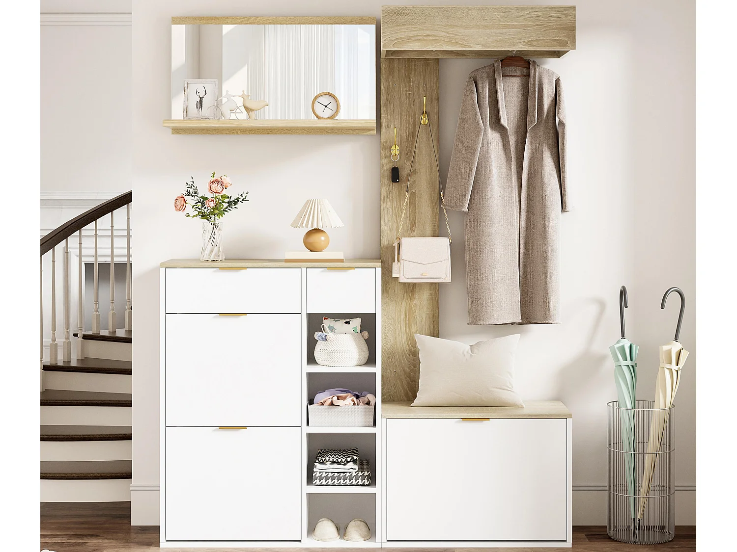 Entree garderobeset 130x30x174cm - met schoenenkast en bank - met wandspiegel en kapstok - Natuur + Wit
