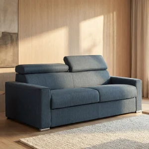 Snel omgebouwde slaapbank met 3 plaatsen in blauwe stof met matras – VIZIR Snel omgebouwde slaapbank met 3 plaatsen in blauwe stof met matras – VIZIR