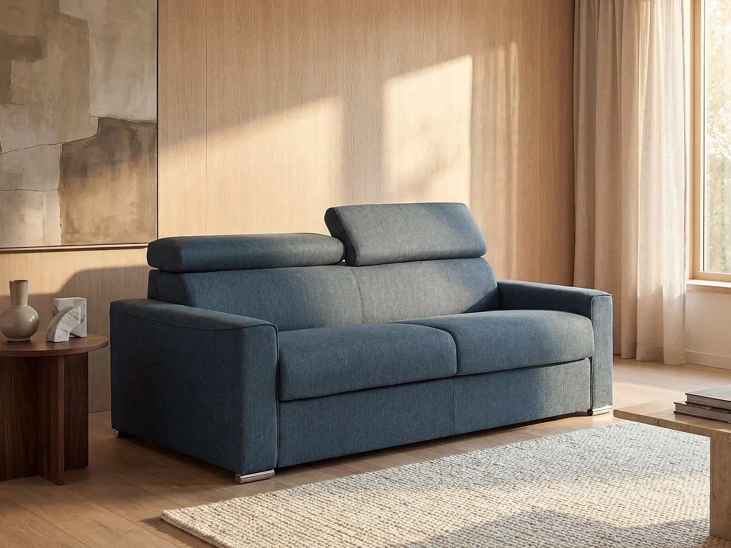 Snel omgebouwde slaapbank met 3 plaatsen in blauwe stof met matras - VIZIR