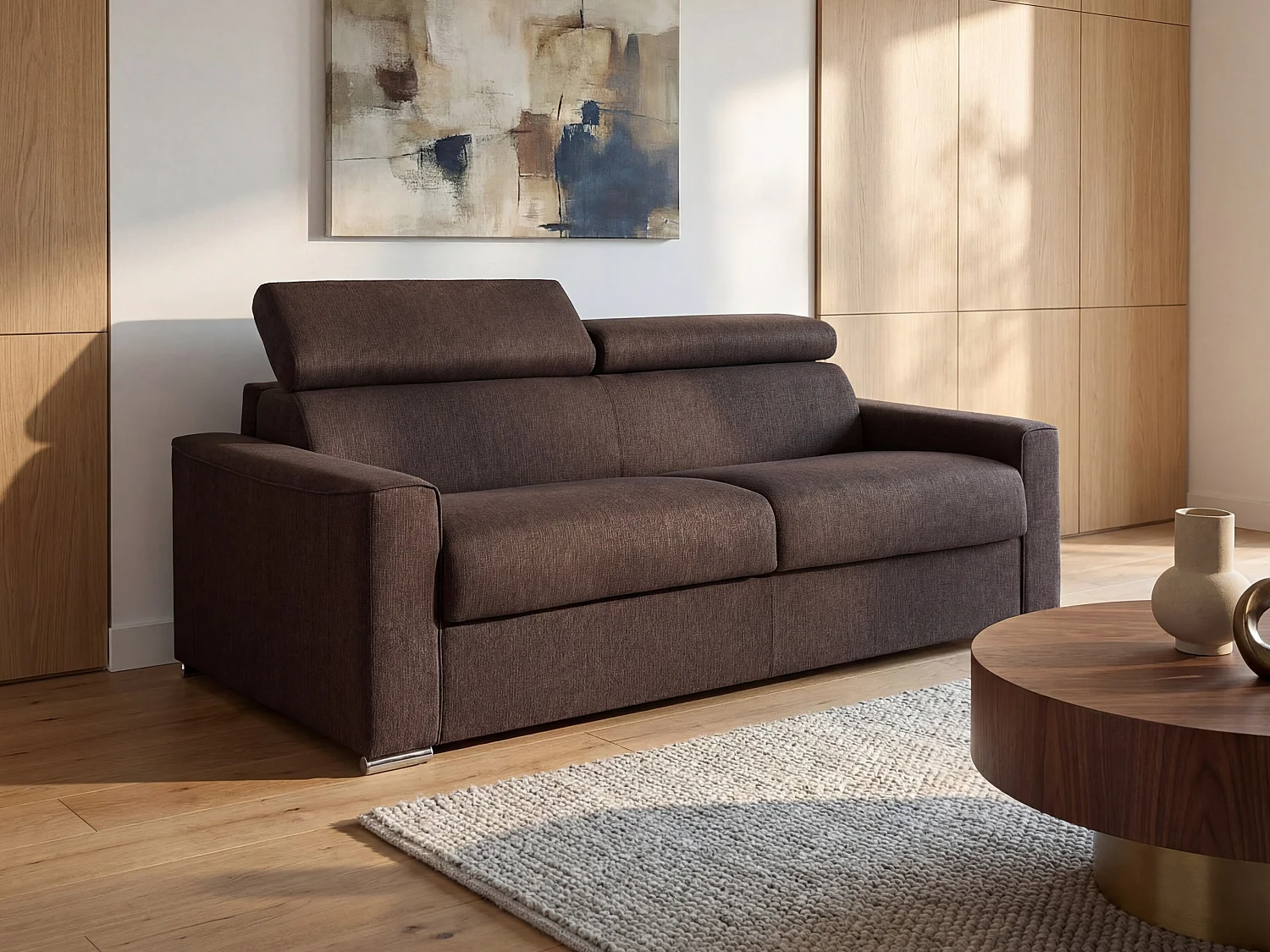 Snel omgebouwde slaapbank met 3 plaatsen in donkerbruine stof met matras - VIZIR