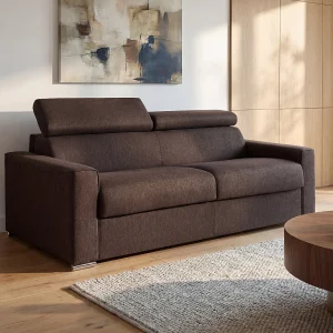 Snel omgebouwde slaapbank met 4 plaatsen in donkerbruine stof met matras – VIZIR Snel omgebouwde slaapbank met 4 plaatsen in donkerbruine stof met matras – VIZIR