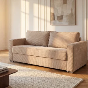 Express-vierzitsslaapbank van taupegrijs ribfluweel met brede latten -14 cm LORETO