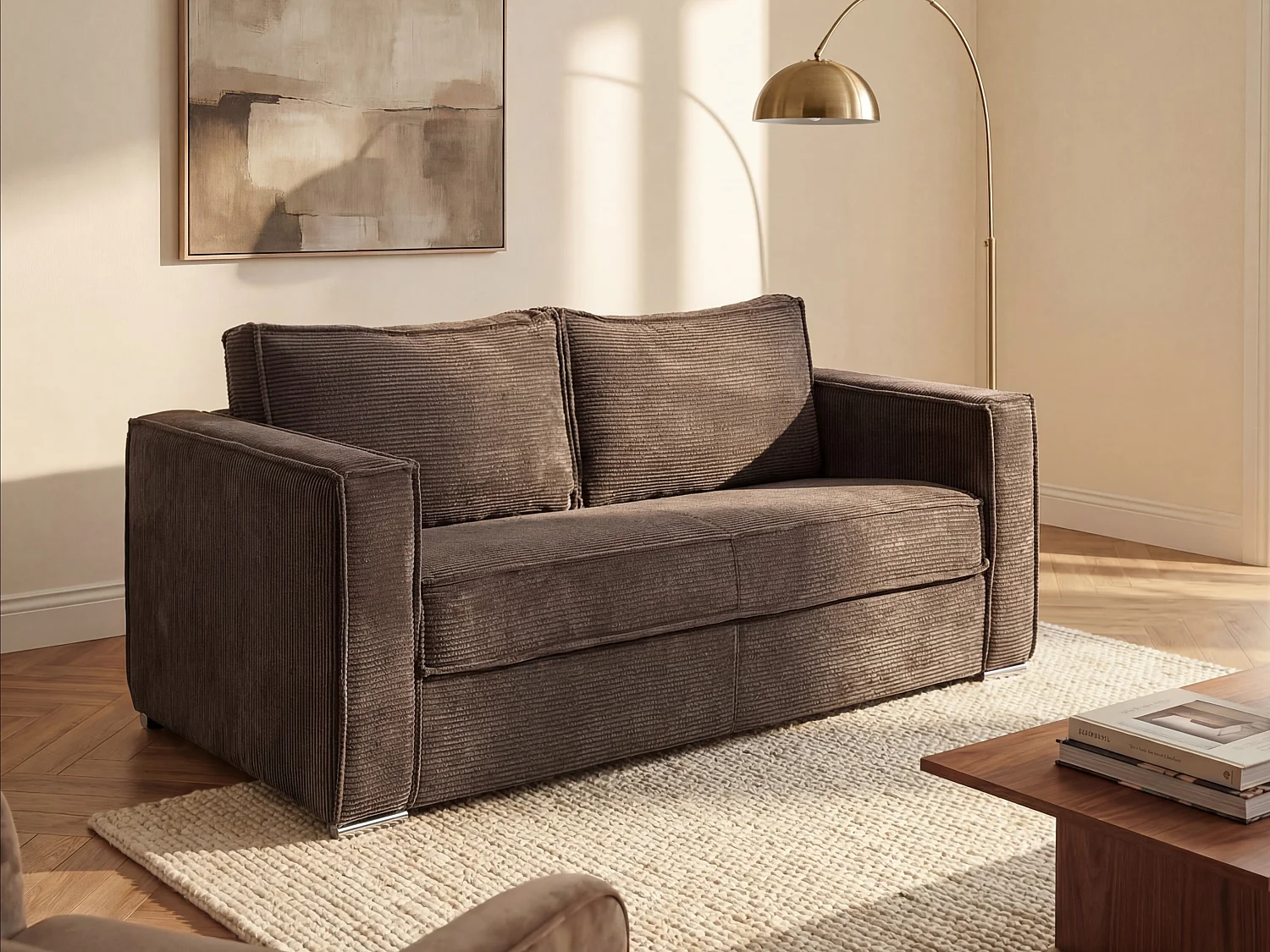 Express-vierzitsslaapbank van beige ribfluweel LORETO