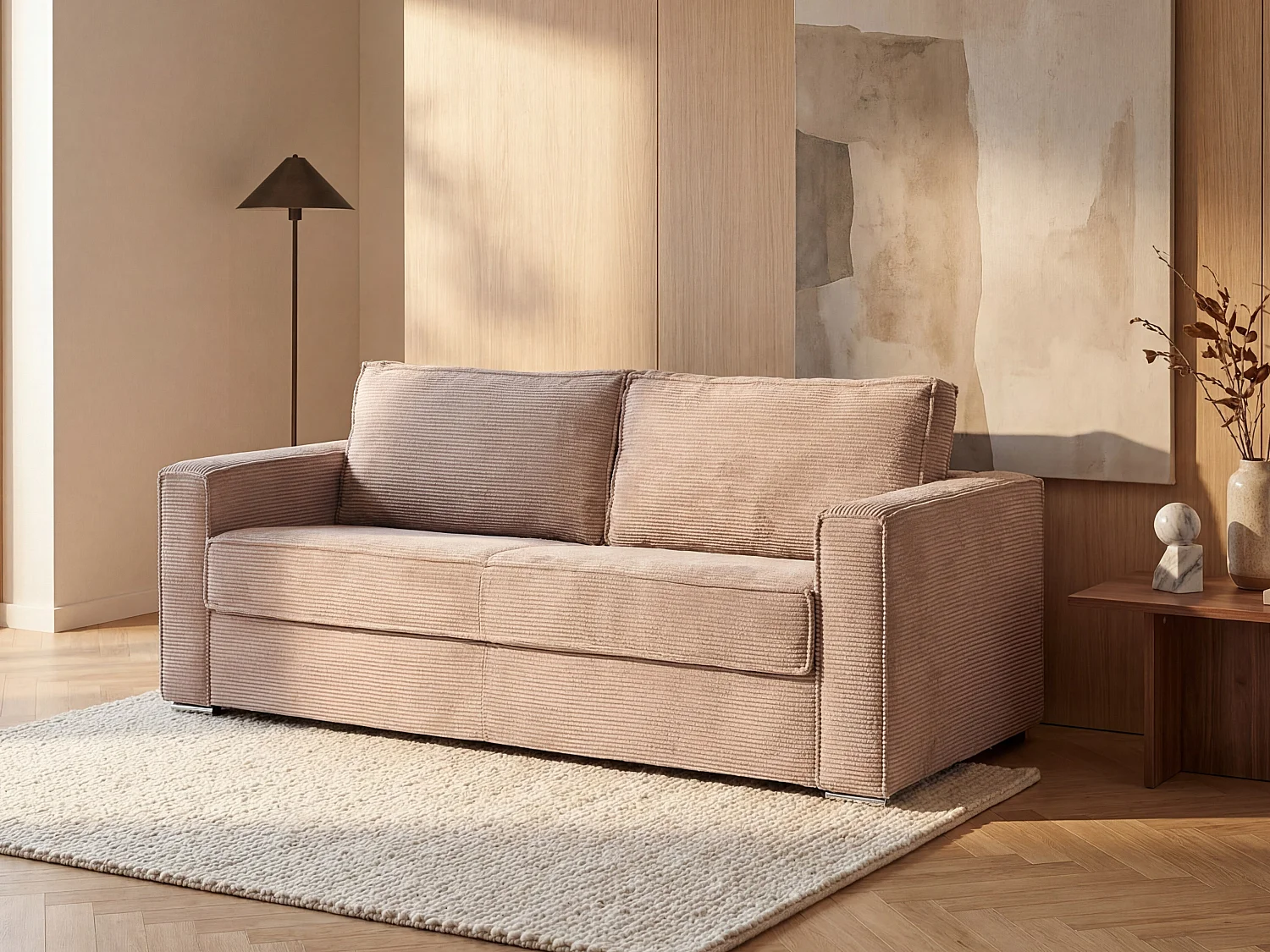 Express-driezitsslaapbank van roze ribfluweel - 140 cm - Matras 14 cm LORETO
