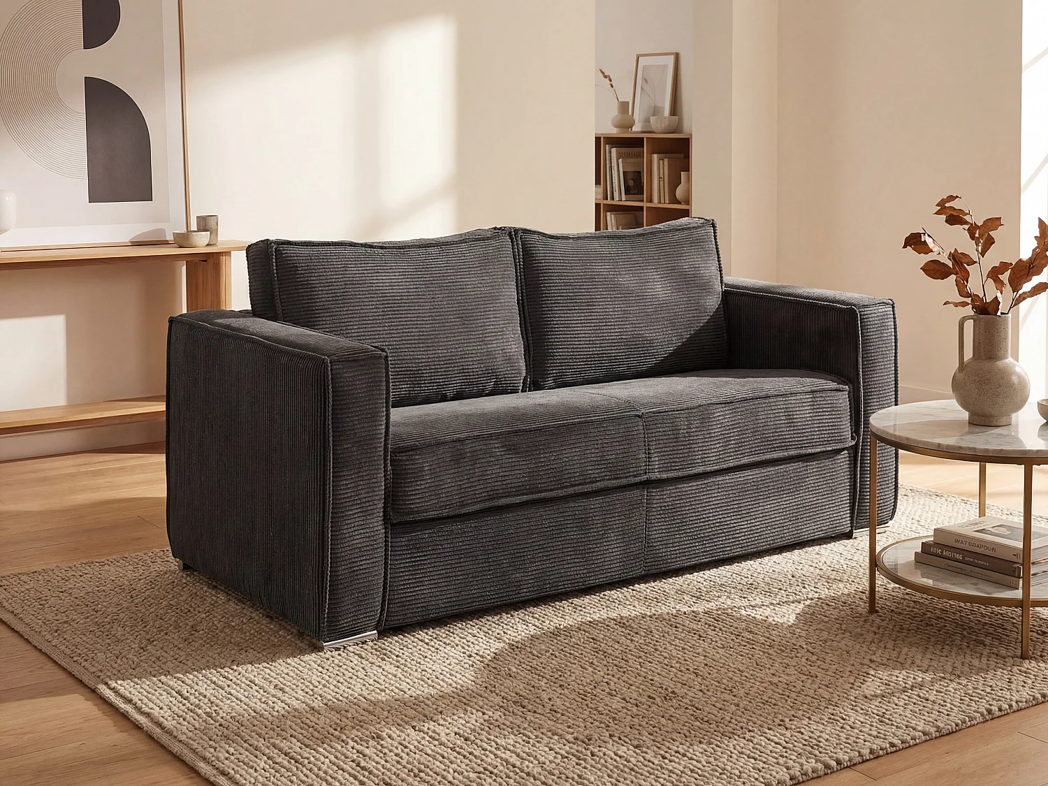 Driezits express slaapbank van ribfluweel - Beige - LORETO - Koop nu goedkoop online