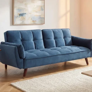 Driezitsslaapbank van blauw velours GULCAN Driezitsslaapbank van blauw velours GULCAN