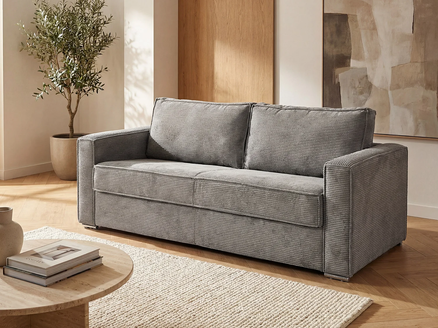 Express-vierzitsslaapbank van lichtgrijs ribfluweel - 160 cm - 18 cm LORETO