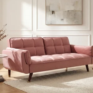 Driezitsslaapbank van roze velours GULCAN