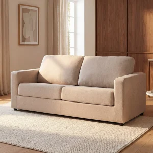 Express-slaapbank van beige stof, bed 140 cm, matras 14 cm DONETO