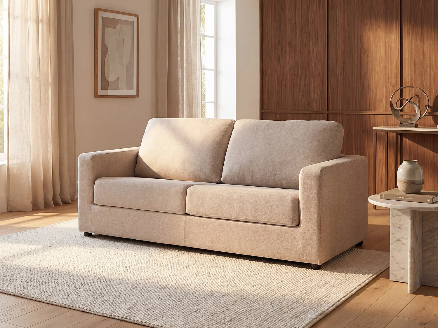 Express-slaapbank van beige stof, bed 140 cm, matras 14 cm DONETO