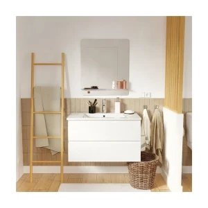 Enkele wastafelmeubel van 80 cm, eikenhouten afwerking, met kraan en spiegel SORRENTO Enkele wastafelmeubel van 80 cm, eikenhouten afwerking, met kraan en spiegel SORRENTO