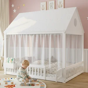 Eenpersoonsbed voor kinderen – 140 x 200 cm – met baldakijn + decoratieve gordijnen + kleine opbergruimte – grenenhout + MDF – wit Eenpersoonsbed voor kinderen – 140 x 200 cm – met baldakijn + decoratieve gordijnen + kleine opbergruimte – grenenhout + MDF – wit