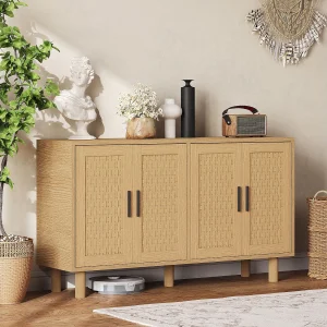 Dressoir van riet met 4 deuren en verstelbare planken – 80 x 40 x 140 cm – Eikenhout