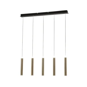 Fabas Luce Prado 5-lichts hanglamp – 33W dimbare LED – messing lineair design Fabas Luce Prado 5-lichts hanglamp – 33W dimbare LED – messing lineair design