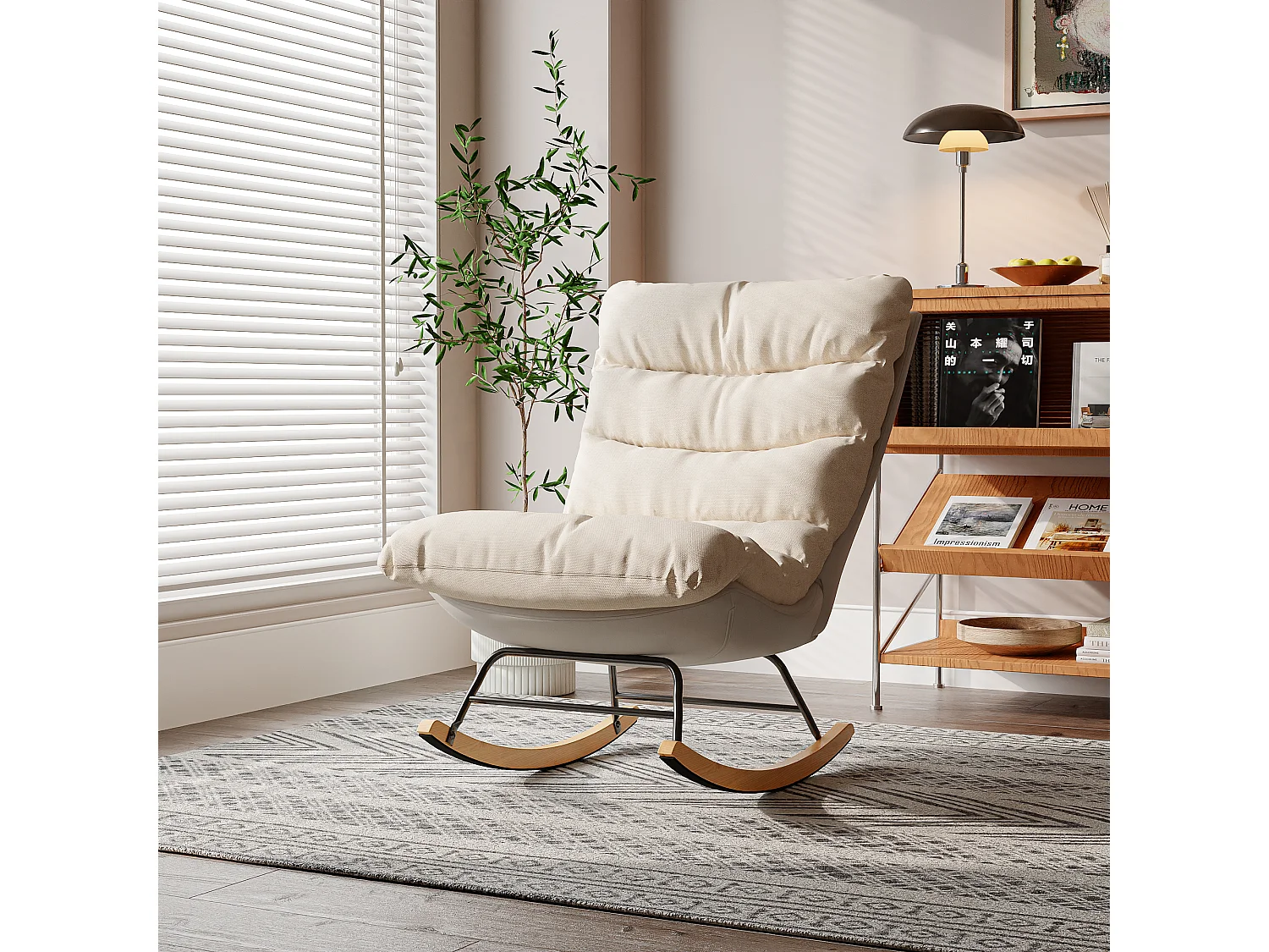 Ergonomische schommelstoel met beige kussen en grijs frame, modern design in stof/kunstleer.
