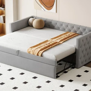 Gestaag slaapbank in fluweel – 90/180×200 cm – Uittrekbaar bedframe – met lattenbodem – Lichtgrijs Gestaag slaapbank in fluweel – 90/180×200 cm – Uittrekbaar bedframe – met lattenbodem – Lichtgrijs