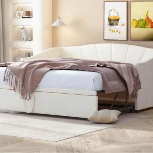 Slaapbank in fluweel 90/180×200 cm – Uittrekbaar bedframe – met lattenbodem – Beige