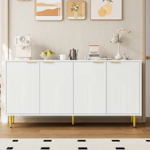 Dressoir voor de woonkamer – 160 x 40 x 80 cm – met 4 deuren + gelakte poten + gouden metalen handgrepen – spaanplaat – wit