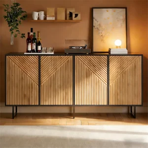 Dressoir voor de woonkamer met natuurlijke houtafwerking – 160 x 40 x 75 cm – met 4 deuren + 3 poten – spaanplaat – naturel