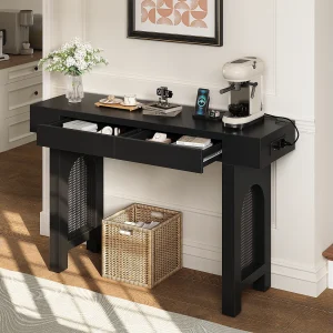 Elegante consoletafel voor de hal – 120 x 35,5 x 76,5 cm – met lades + verstelbare poten – MDF – zwart Elegante consoletafel voor de hal – 120 x 35,5 x 76,5 cm – met lades + verstelbare poten – MDF – zwart